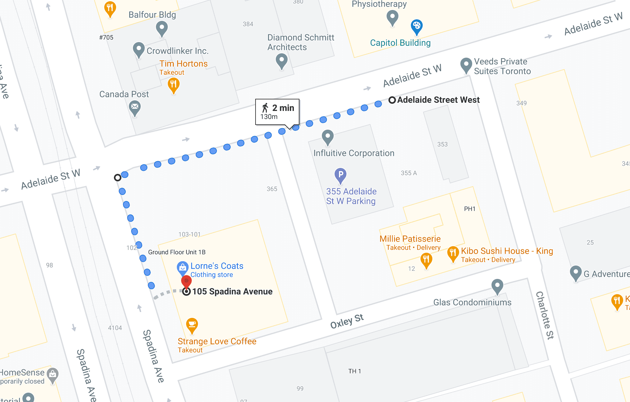 Map of the corner of Spadina and Adelaide in Toronto showing my walk from my office to the spot where the previous picture was taken.