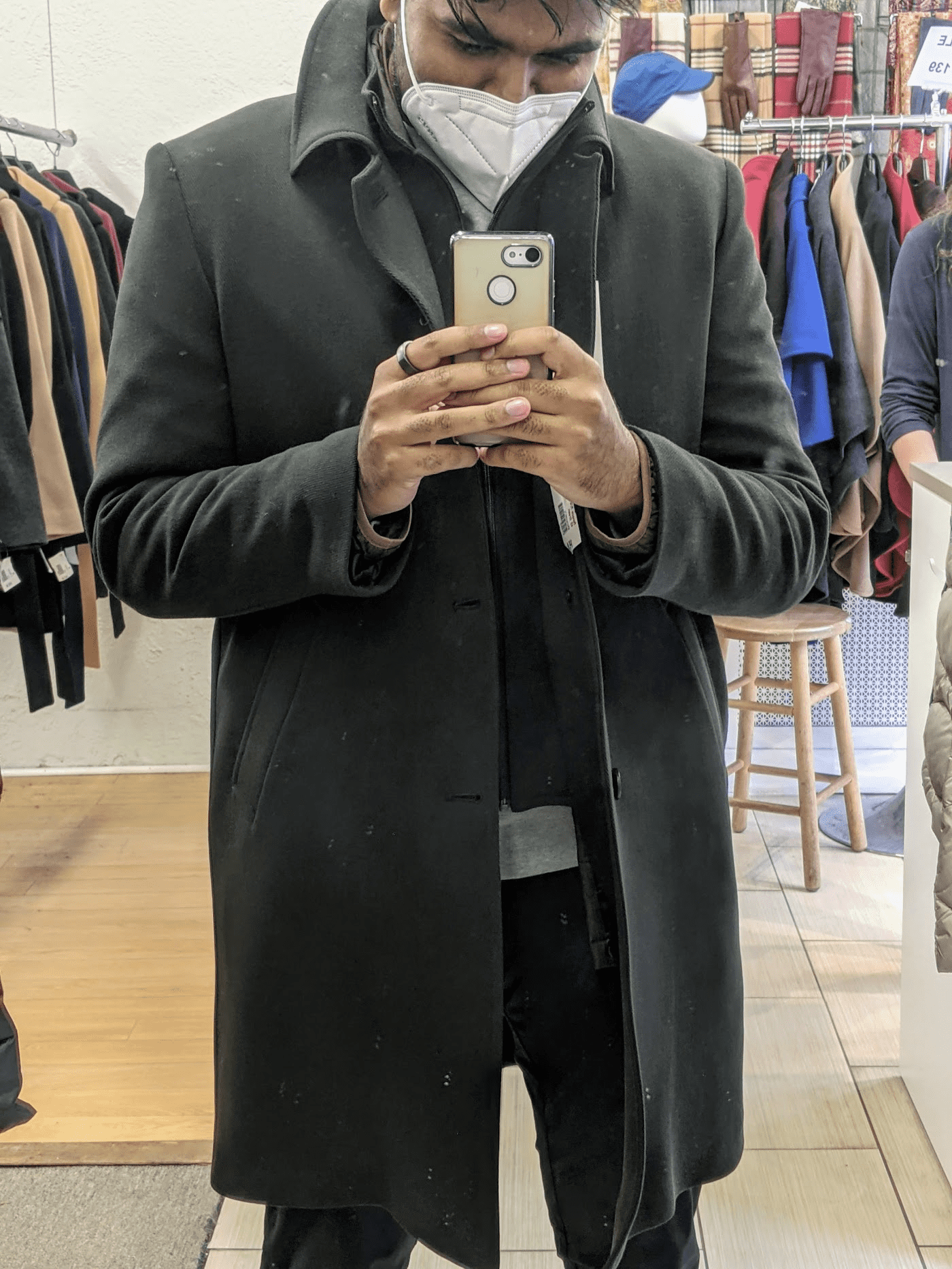 Mirror selfie at Lorne's Coats in my new coat! Don't worry, I'm wearing a mask!
